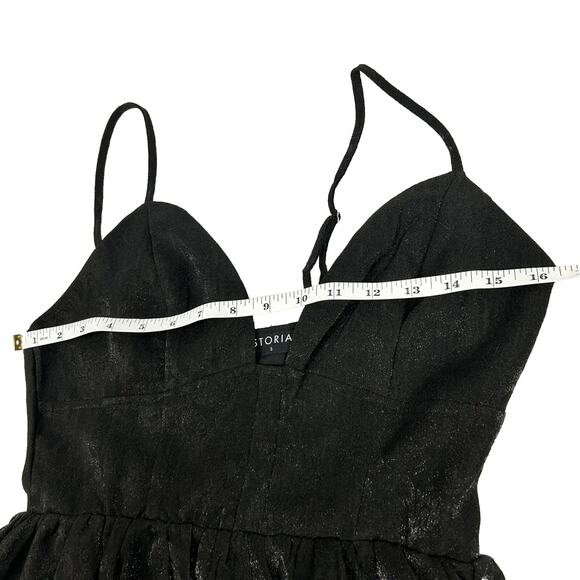 STORIA Women’s Sz S Black Jacquard Mini Dress Spaghetti Strap Bubble Hem Shimmer - Picture 10 of 15